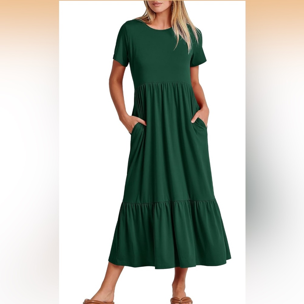 Flowy Tiered Maxi Dress Short Sleeve Dark Green Size XXL